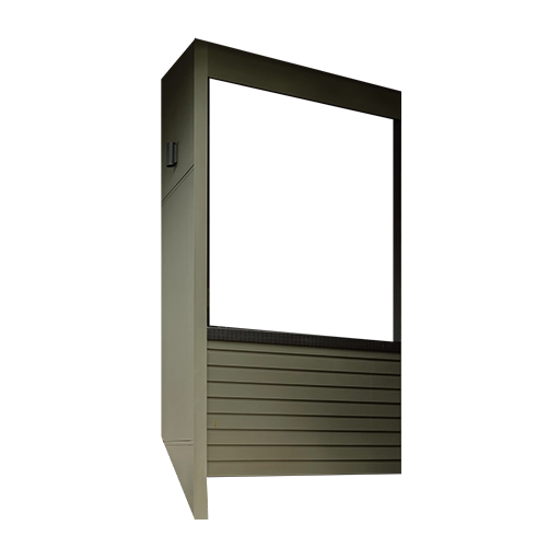 A cutout of a green wall containing a window opening.